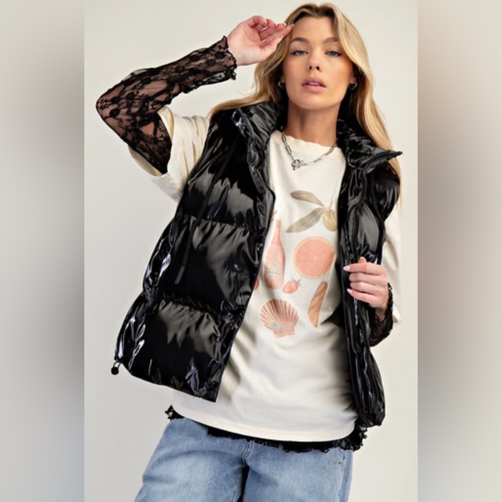 NEW! Easel Shiny Faux Leather Cropped Length Puffer Vest in Black